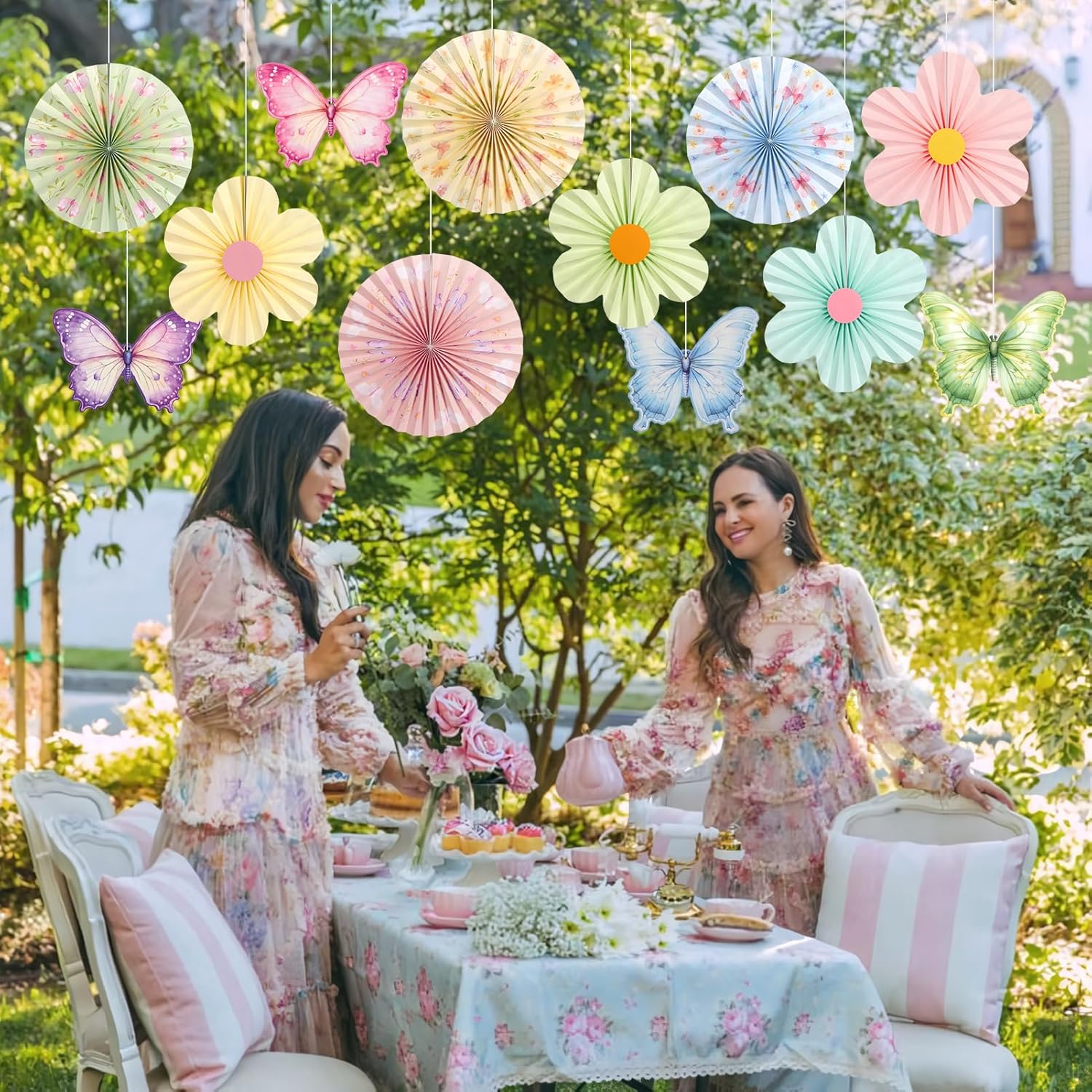 Garden Elf Party setup with mushroom decor, moss table runner and balloon arch