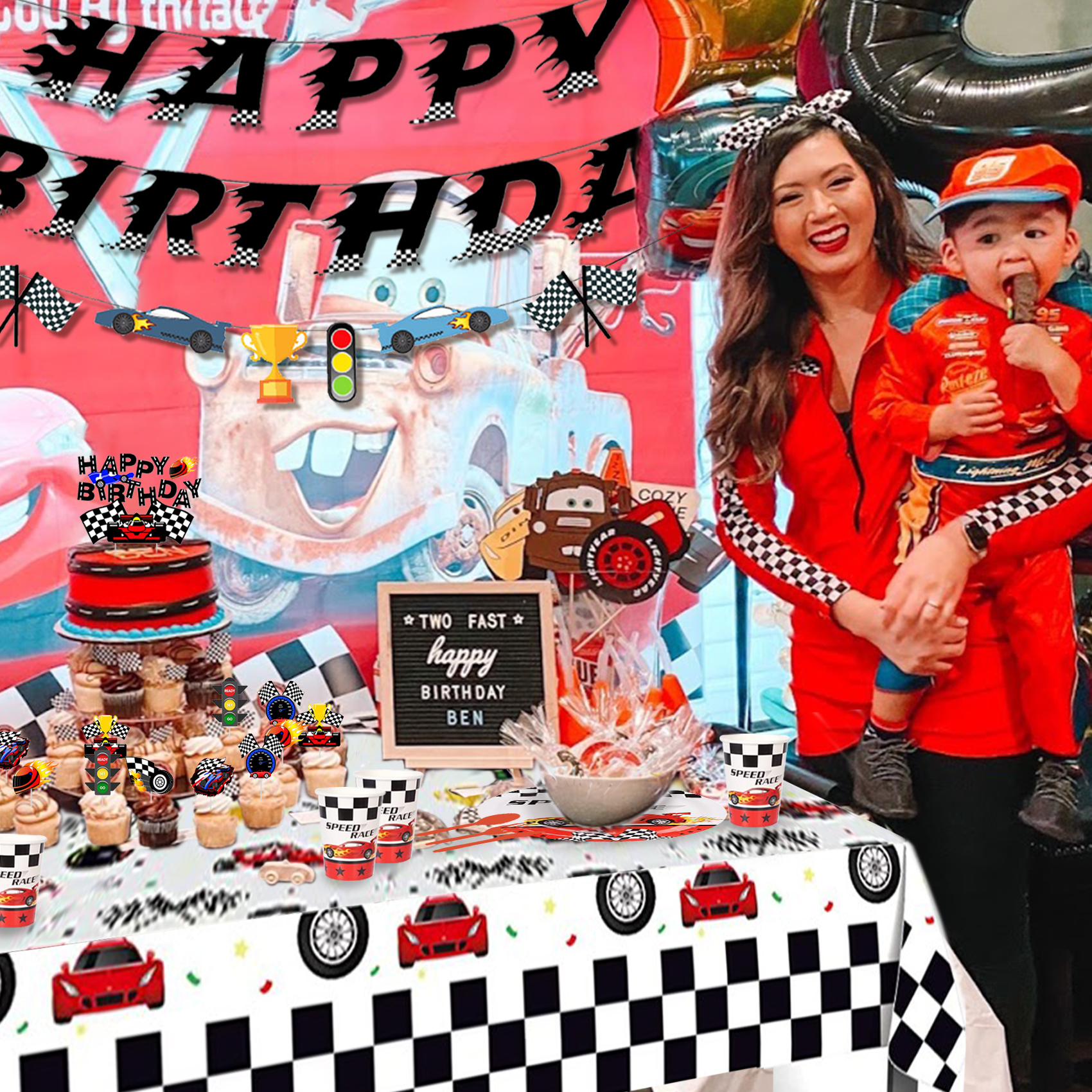 Indoor Cars theme birthday balloon arch display