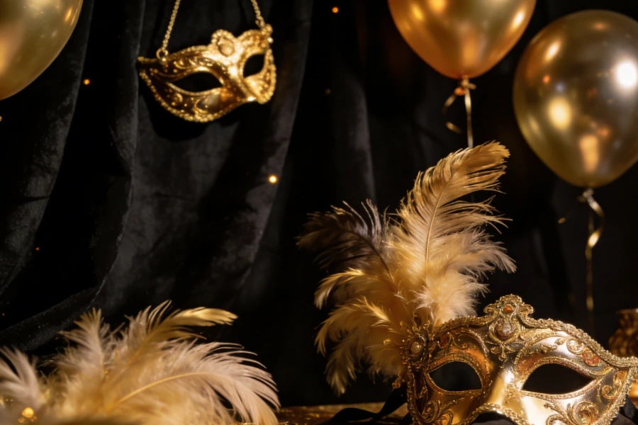 Decoración de mascarada con máscaras negras y doradas, telones de fondo de tela y globos metálicos