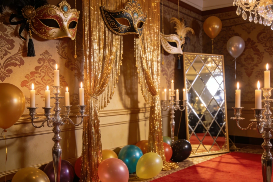 Complete masquerade decorations setup for corporate gala event