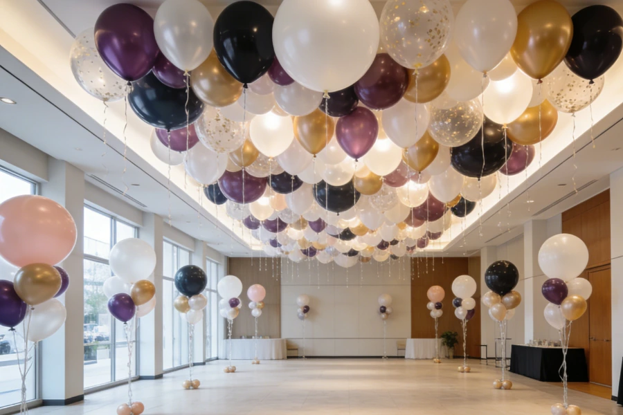 Plafond ballondecoratie installatie voor binnen evenementruimte