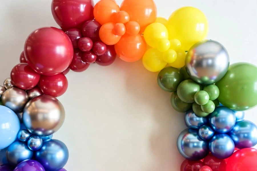 Balloon color matching guide showing matte, metallic and chrome balloon combinations in large event arch