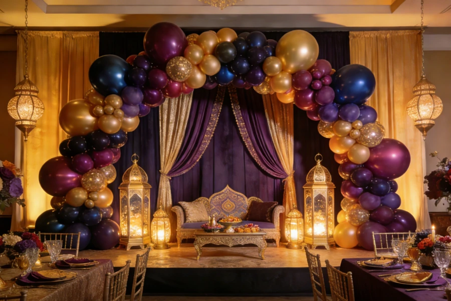 Arabian Nights theme party setup with jewel-tone balloons and polyester backdrop