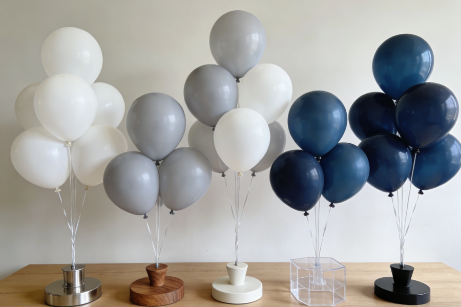 DIY balloon counterweight supporting helium balloons at corporate event display