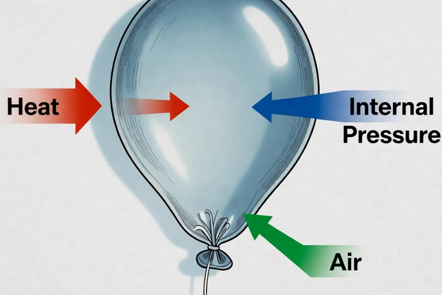 Diagram showing heat expansion effect on latex balloons under direct sunlight