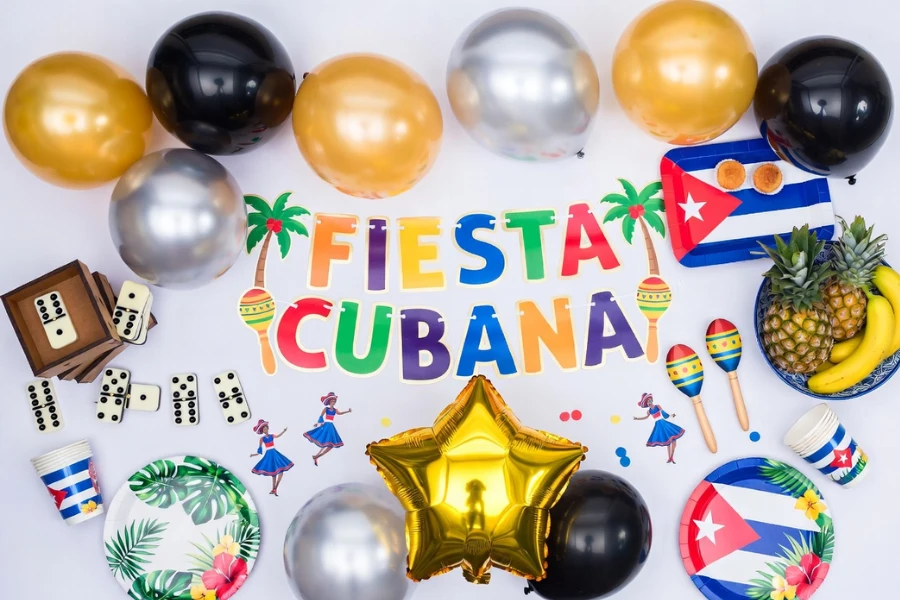 Popular Cuban party decorations including balloons banners and themed tableware