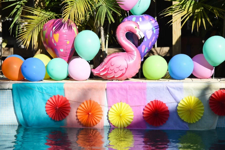 Pool party decorations for a birthday party at a pool