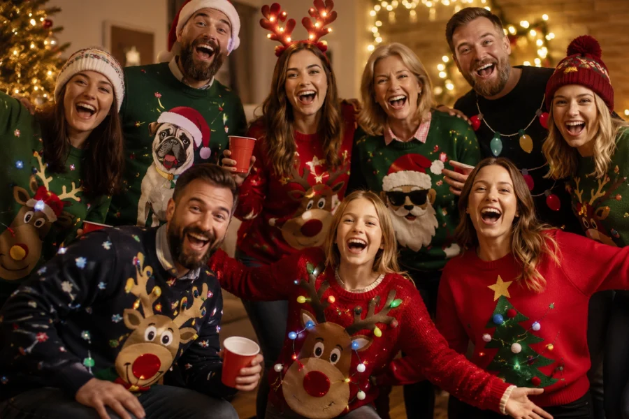 People wearing funny ugly Christmas sweaters at a holiday party