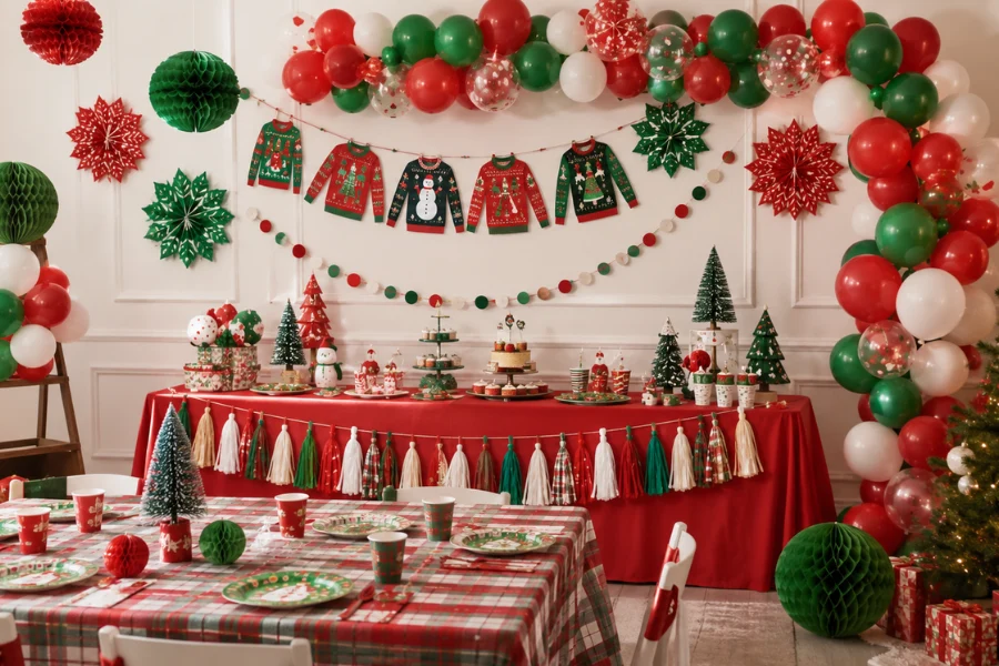 Ugly sweater party decorations with banners balloons and tableware