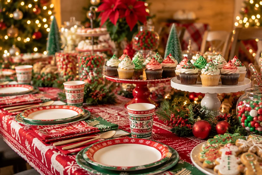 Ugly sweater party tableware and Christmas dessert table setup