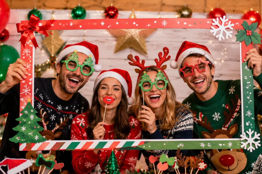 Ugly sweater party photo booth with festive props