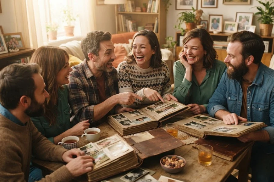 Guests sharing childhood memories at a childhood nostalgia party