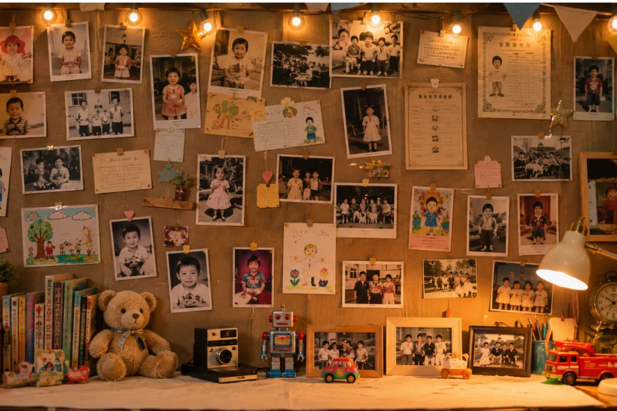 Memory wall for a childhood nostalgia party with childhood photos and keepsakes
