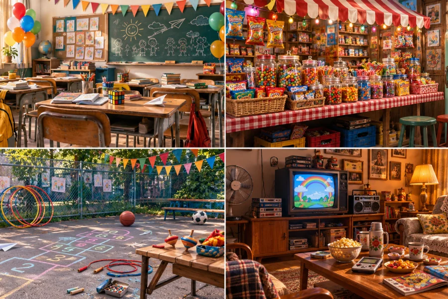 Immersive childhood nostalgia party spaces recreating school and home memories